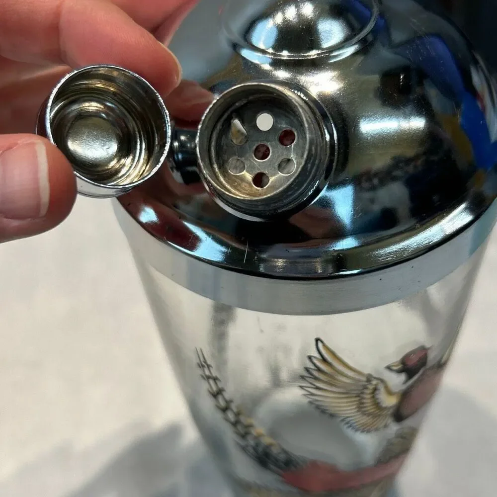 Vtg Hazel Atlas MCM Cocktail Shaker Pheasants Birds Glass 1950s Barware Metal Li